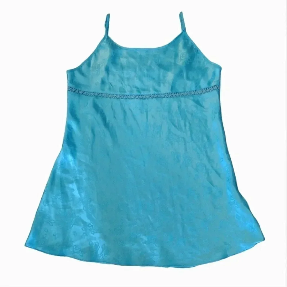 VTG 80s Teal Satin Floral Embroidered Detail Mini Slip Dress Chemise‎ XL Festie - Picture 4 of 14